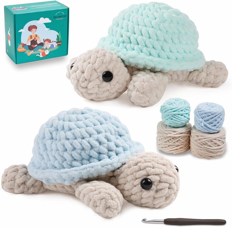 Eelexa Crochet Kit for Beginners, Amigurumi Crocheting Animal Kits, with Step-by-Step Video Tutorials for Kids Adults Beginner - 2 Pack Turtles - Image 1